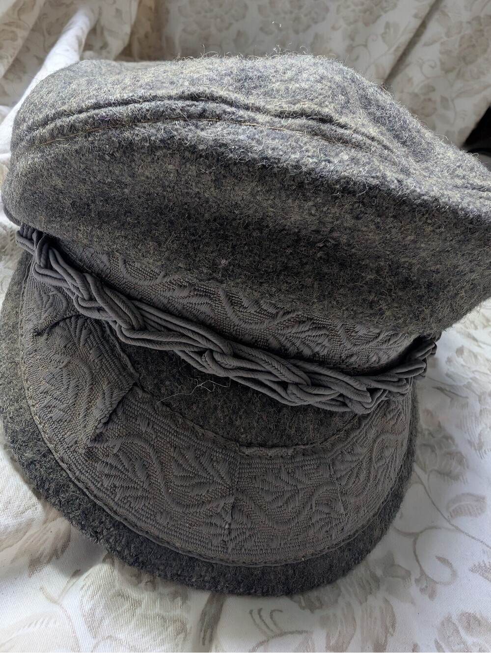 AEGEAN Gray Wool Blend Vintage Style Cap Hat with Braided Detail